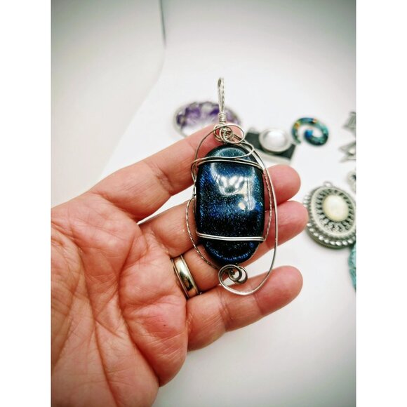 Sterling Silver Wire Wrapped White Dichroic Glass Pendant 3.5" - Picture 5 of 5